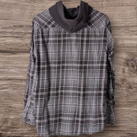 No Boundaries Hooded 100% Cotton Gray Black Plaid Long Sleeve Shacket 42-44 L - Picture 3 of 9